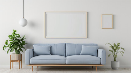  A stylish and minimalist living room featuring a light blue sofa, indoor plants, and a blank picture frame on a white wall.