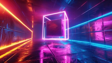 An empty room with neon lights on the walls