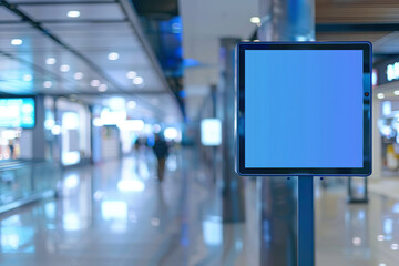 A blue sign is on a post in a large, empty room, generative ai image.