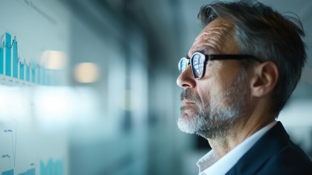 Stressed Executive Reviewing Business Debt in Modern Office with Charts on Screen