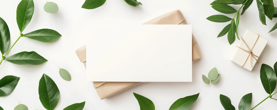 Mockup card birthday wedding background white table paper top greeting view stationery. Card blank postcard mockup birthday frame gift mock flatlay design green leaves happy desk template composition
