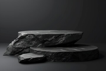 Naklejka premium Stone and Rock shape 3d render illustration. Round podium, pedestal for brand product exhibition. Solid dark black color. Mockup template for ads design, copy space with generative ai