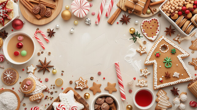 An overhead view of a variety of festive Christmas cookies and treats arranged on a light surface, featuring gingerbread houses, candy canes, and holiday decorations.