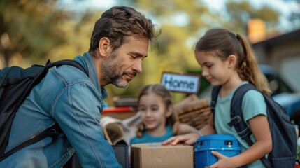 Stressful Family Scene - Packing Belongings Amidst Foreclosure Sign, Depicting Home Debt and Financial Crisis