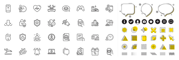 Set of Document, Notification bell and Gamepad line icons for web app. Design elements, Social media icons. Arrivals plane, Money app, Security app icons. Vector