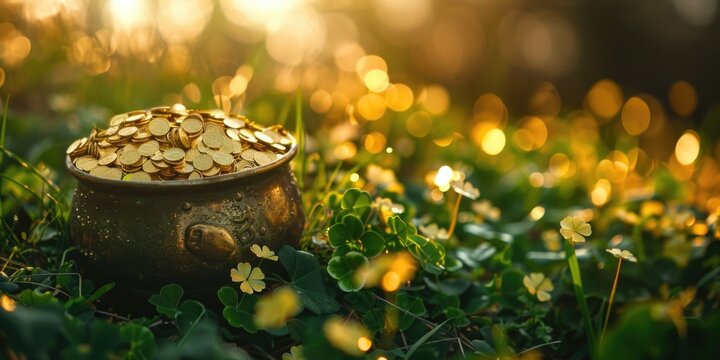 A pot filled with shiny gold coins lying on lush green grass, perfect for illustrations or advertisements