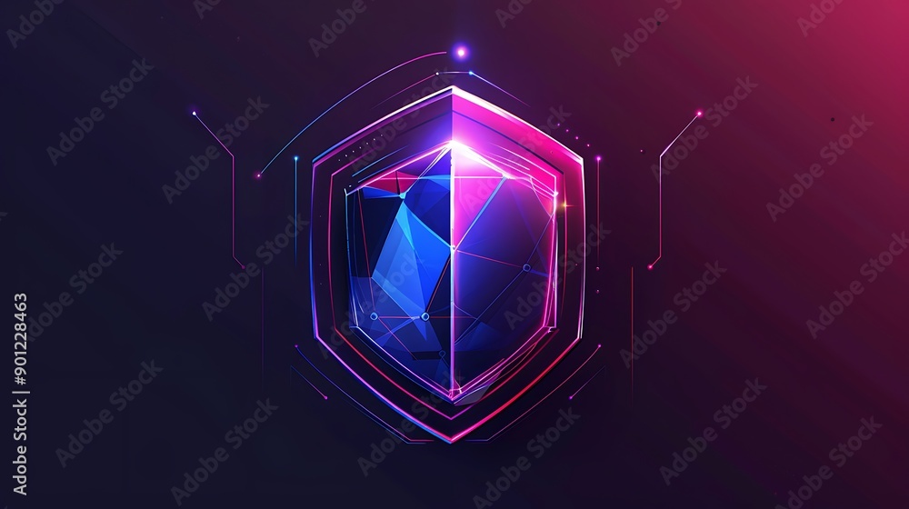 Poster 3d digital shield with neon lights, abstract and geometric shapes creating a futuristic and cyberpun