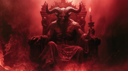A red-skinned demon sitting on a throne in a fiery environment.