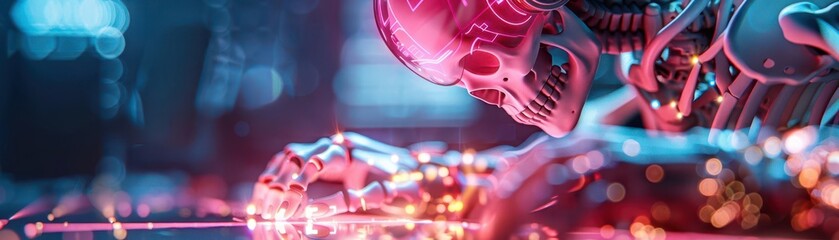 A robotic skull with glowing red eyes and a mechanical body is seen in a dark, futuristic setting.