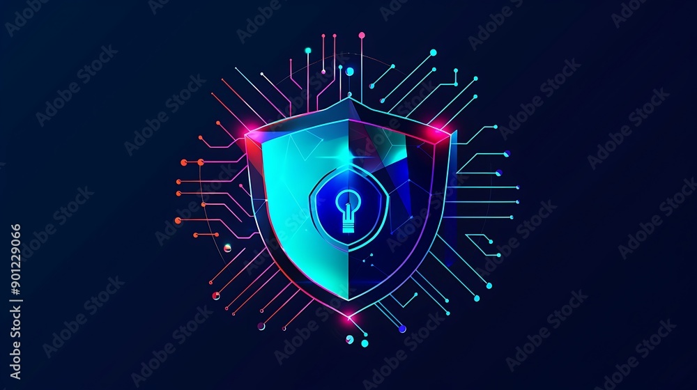 Poster futuristic digital shield with a keyhole in the center, symbolizing cybersecurity and digital protec