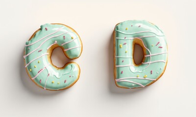 Donuts shaped like letters C and D with green frosting and sprinkles