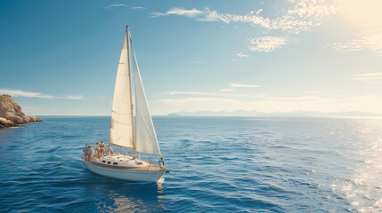Fototapeta premium A tranquil sailboat gliding across crystal blue waters under a bright sky, perfect for capturing peaceful nautical moments.