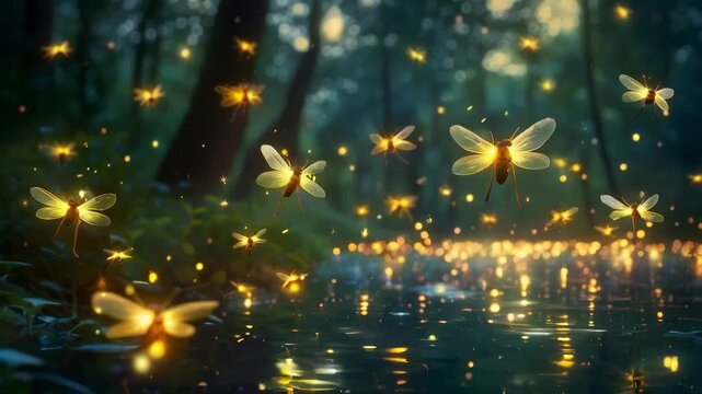 Fireflies flying in the lake