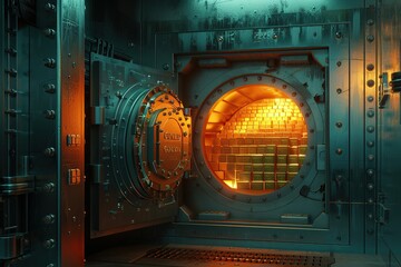 Open bank vault door revealing stacks of gold bars