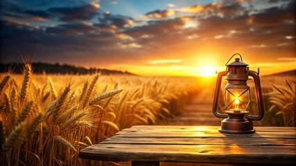 A serene scene with a wooden table holding a vintage lantern, casting a warm glow against the blurred backdrop of a golden wheat field at sunset.