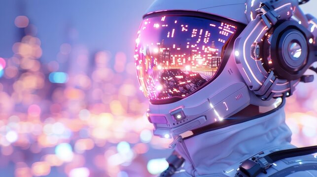 Astronaut in futuristic helmet with city lights reflected in visor