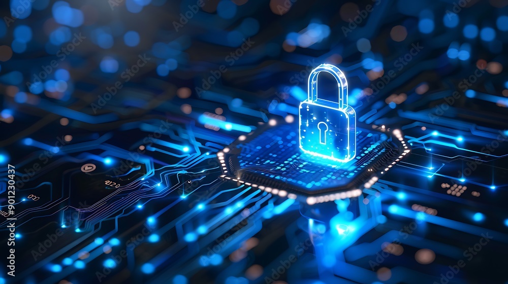 Poster glowing digital lock sits on a circuit board, representing the importance of cybersecurity in the di