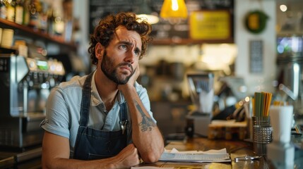 Fototapeta premium Stressed Restaurant Owner Worried About Unpaid Rent and Business Debt