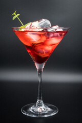 Alcoholic cocktail in a martini glass.