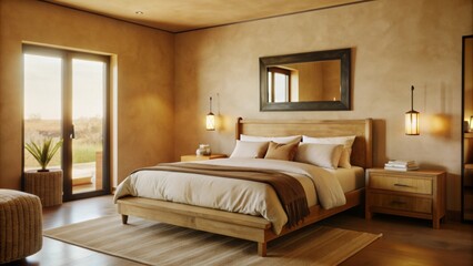 In a cozy, minimalist bedroom, a large bed with beige linens is the focal point.