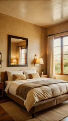 In a cozy, minimalist bedroom, a large bed with beige linens is the focal point.