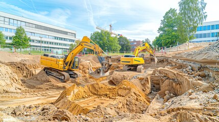 Construction site with excavators operating in a large dug-out area, showcasing heavy machinery and urban development.