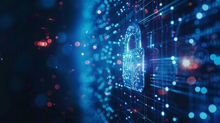 Digital lock icon on a blue background with a futuristic and technology theme. It symbolizes digital security and protection.
