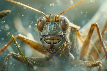 Fototapeta premium Grasshopper, emphasizing the vibrant colors and intricate patterns.