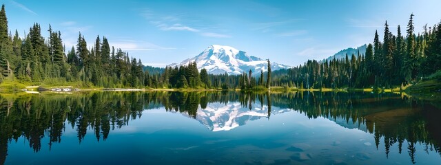 panoramic view of a lake with reflection, a forest and snowcapped mountain in the background