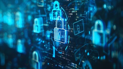 Digital illustration of padlock with keyhole surrounded by blue glowing circles and digital code for symbolizing data protection cybersecurity online security and information safety concept.