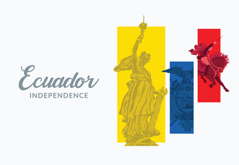 VECTORS. Editable banner for Ecuador Independence Day. Monument, Coat of Arms, flag, patriotic