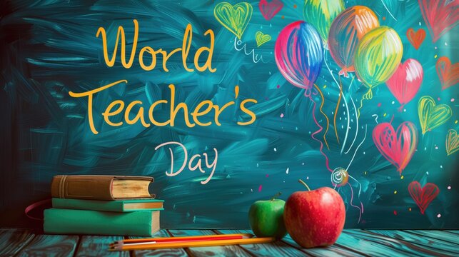 Colorful World Teacher's Day image with stack of books, balloons, apples, and heart doodles. Educational event promotions, teacher appreciation posts, and classroom decorations.