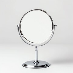 A stylish chrome makeup mirror on a simple white background, perfect for beauty and grooming photography.