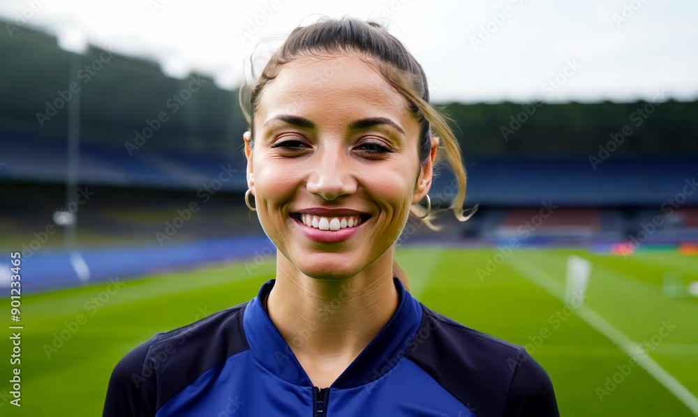 Sticker Portrait of a beautiful female soccer player smiling at the camera.