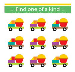 Fun education game for kids. Need to find one of a kind truck. Kids activity page.