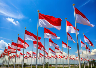 Red white Indonesian flag and pole blue sky background