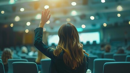 Woman raises her hand to ask a question during a conference with capturing moment of interaction for engagement communication learning and professional presentation concept.