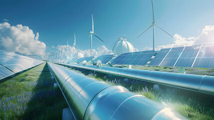 A futuristic green energy facility featuring wind turbines, solar panels, and advanced infrastructure. This image showcases sustainable energy solutions and innovative technology