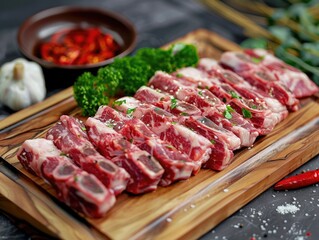 A wooden cutting board prepared with sliced meat and various vegetables for cooking or serving
