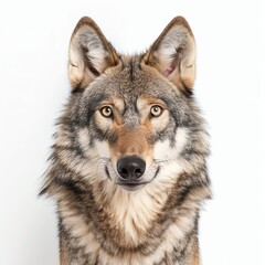 Fototapeta premium A close-up portrait of a wolf showcasing its striking features and piercing gaze against a neutral background.