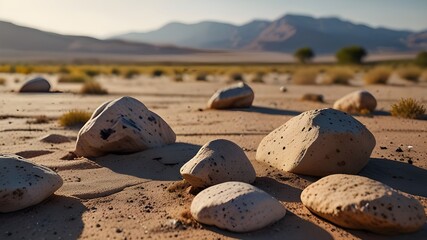 Obraz premium Tranquil nature background in Spring pastel colors: rocks in a vast desert landscape against the sandy background, soft morning light, mindfulness and ... Generative AI