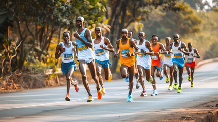 A group of determined runners competes in a marathon on a sunny day, showcasing their endurance and athleticism. The image captures the spirit and energy of the race, set against a scenic outdoor back