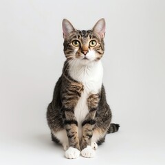 A charming domestic cat with striking eyes, sitting elegantly against a clean white backdrop, perfect for pet lovers.