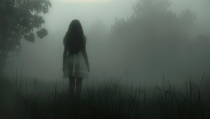 Silhouette of Girl in Foggy Field