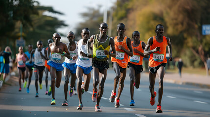 A group of determined runners competes in a marathon race on a sunny day. This image captures the energy and athleticism of the athletes as they race through an urban setting.