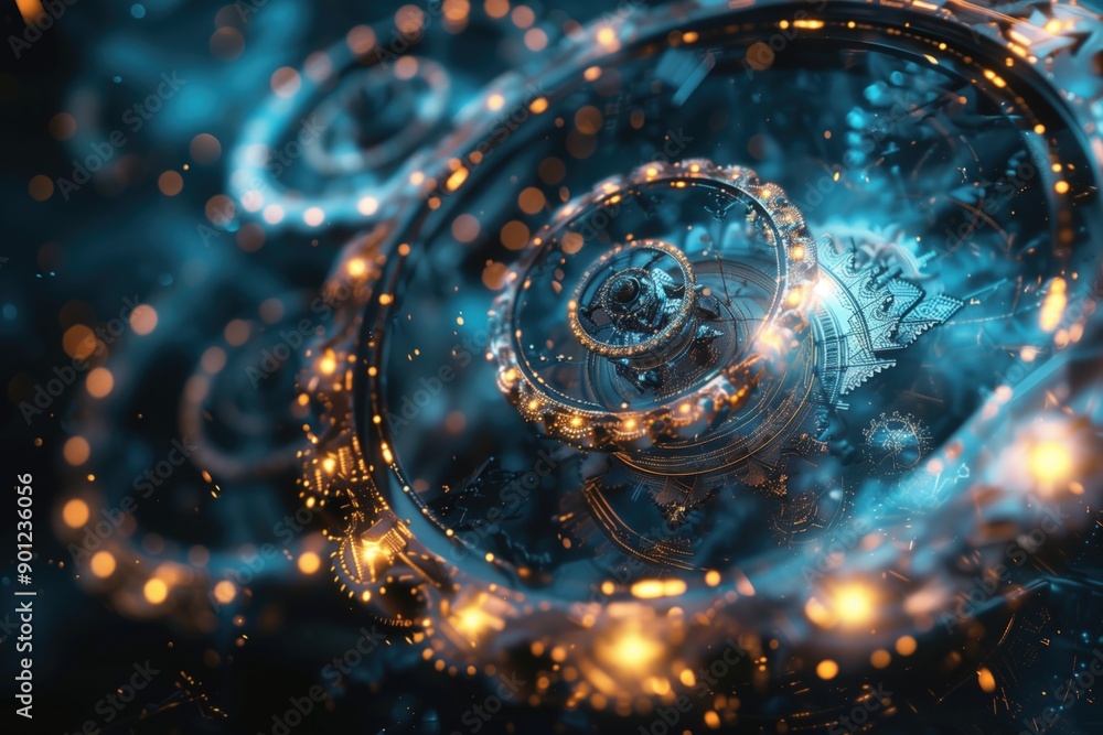 Poster futuristic abstract clock mechanism with glowing gears and lights in a dark background. advanced tec