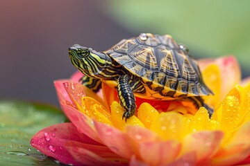 Obraz premium Turtle on a brightly colored flower, focusing on the vivid and unique beauty of wildlife
