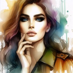 Abstract Watercolor Portrait of a Woman with Fashion Background