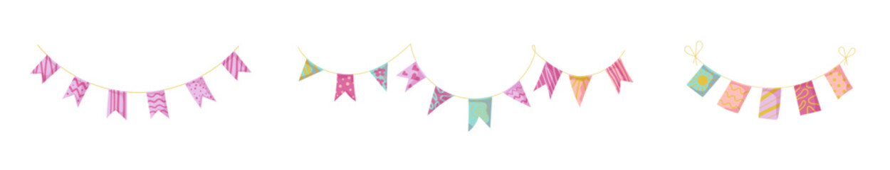 Bunting garland doodle set. Doodle birthday garland of flags. Festival or Christmas party bunting border decoration.