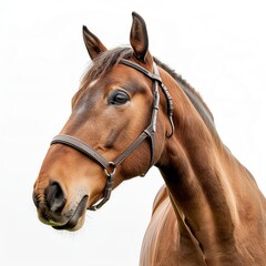 Obraz premium Majestic brown horse with a gentle gaze, showcasing elegance and strength in a serene setting against a white background.